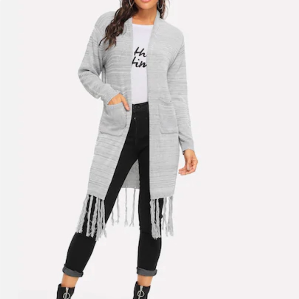 Fringe Embellished Duster Long Line Sweater Gray
